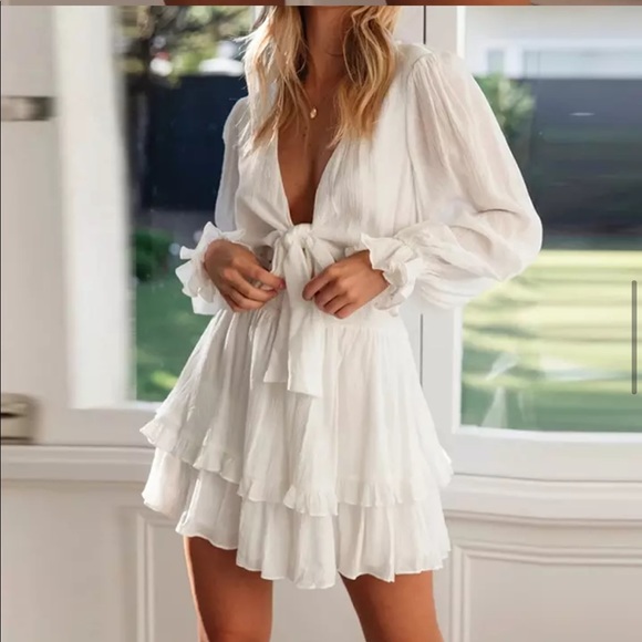 🎉New Boho Knot Front V Neck Ruffles Long Sleeve Swing Mini Dress - Picture 6 of 12